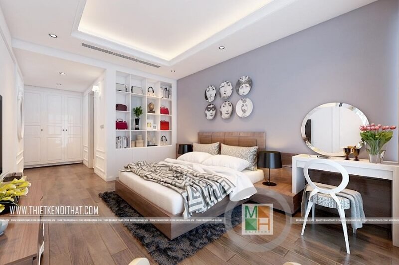 Mẫu giường ngủ chung cư hiện đại bọc da đầu giường màu nâu mang đến cảm giác sang trọng cho căn phòng ngủ của gia chủ Mẫu thiết kế nội thất chung cư đẹp