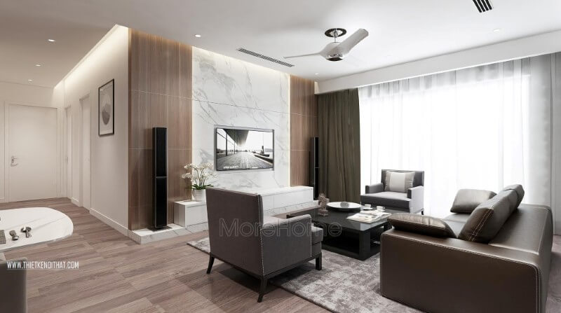 Bộ sofa bọc da được coi là điểm nhấn hoàn hảo cho không gian phòng khách ấn tượng hơn Thiết kế phòng khách chung cư hiện đại