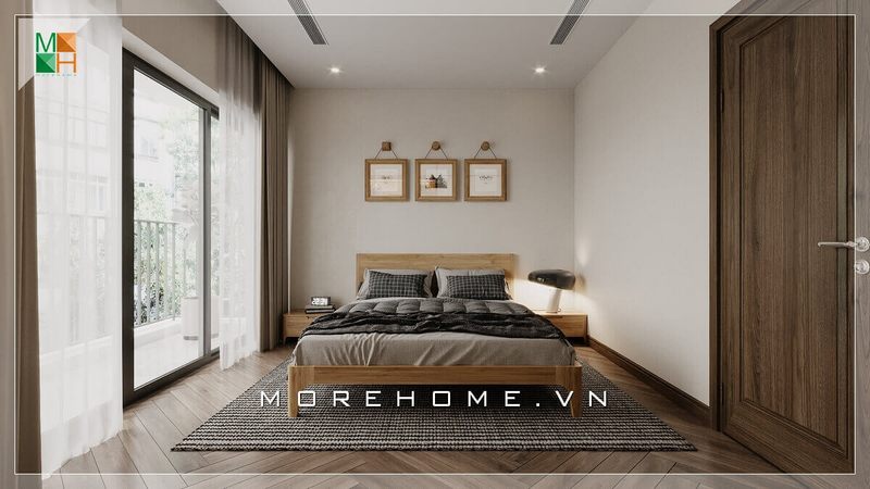 ngủ.
Giường ngủ có thiết kế hiện đại với tab đầu giường đơn giản bằng gỗ tự nhiên, sàn gỗ và thảm trải sàn cùng tông màu nâu - xám giúp tạo nên vẻ đẹp hiện đại cho căn phòng ngủ.