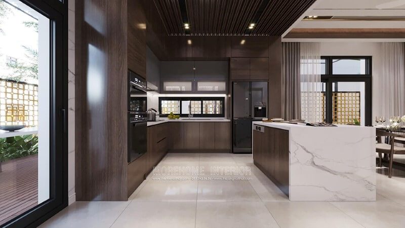Để tối ưu hóa không gian lưu trữ và tạo điểm nhấn cho căn phòng, gia đình nên thiết kế thêm một quầy bar nhỏ.
